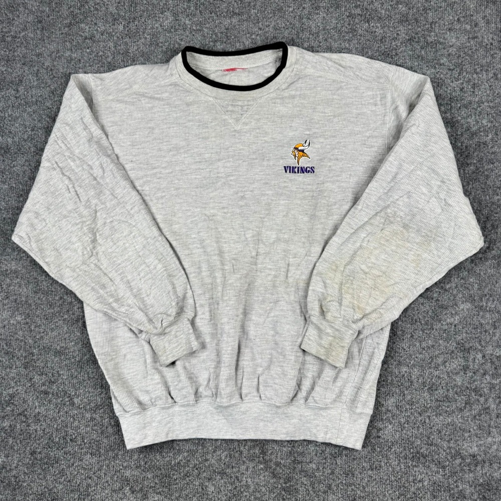 NFL Sweatshirt Mens Size L Gray Minnesota Vikings Ribbed Crewneck Stained Logo